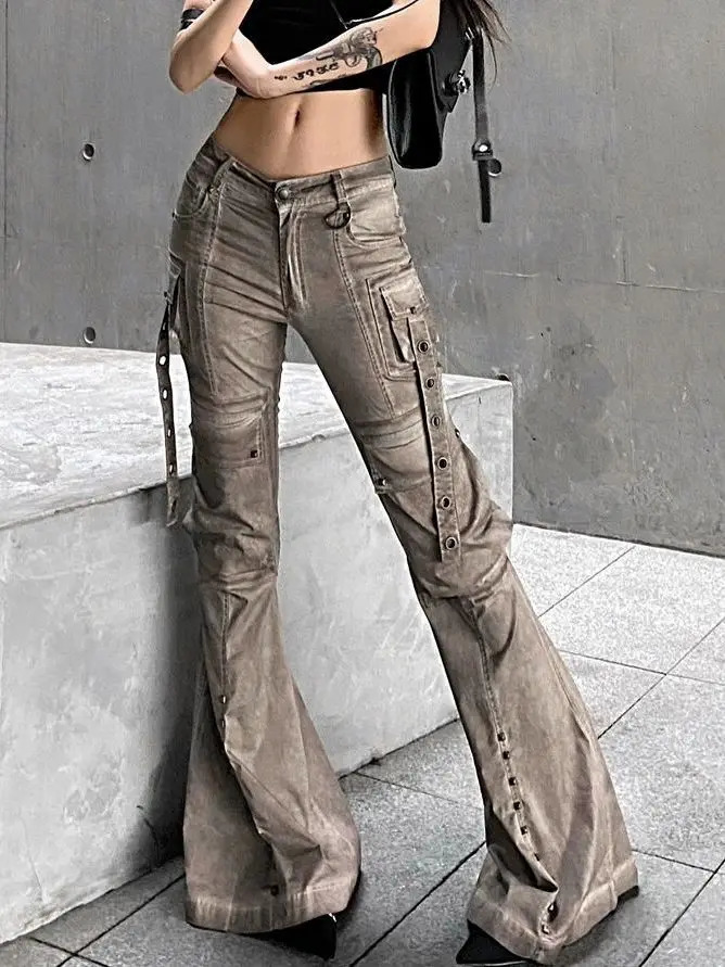 Washed Brown Utility Bootcut Jeans for Women American Street Pocket Wide Leg Pants Original Stay Style Y2k Leisure Trousers 240426