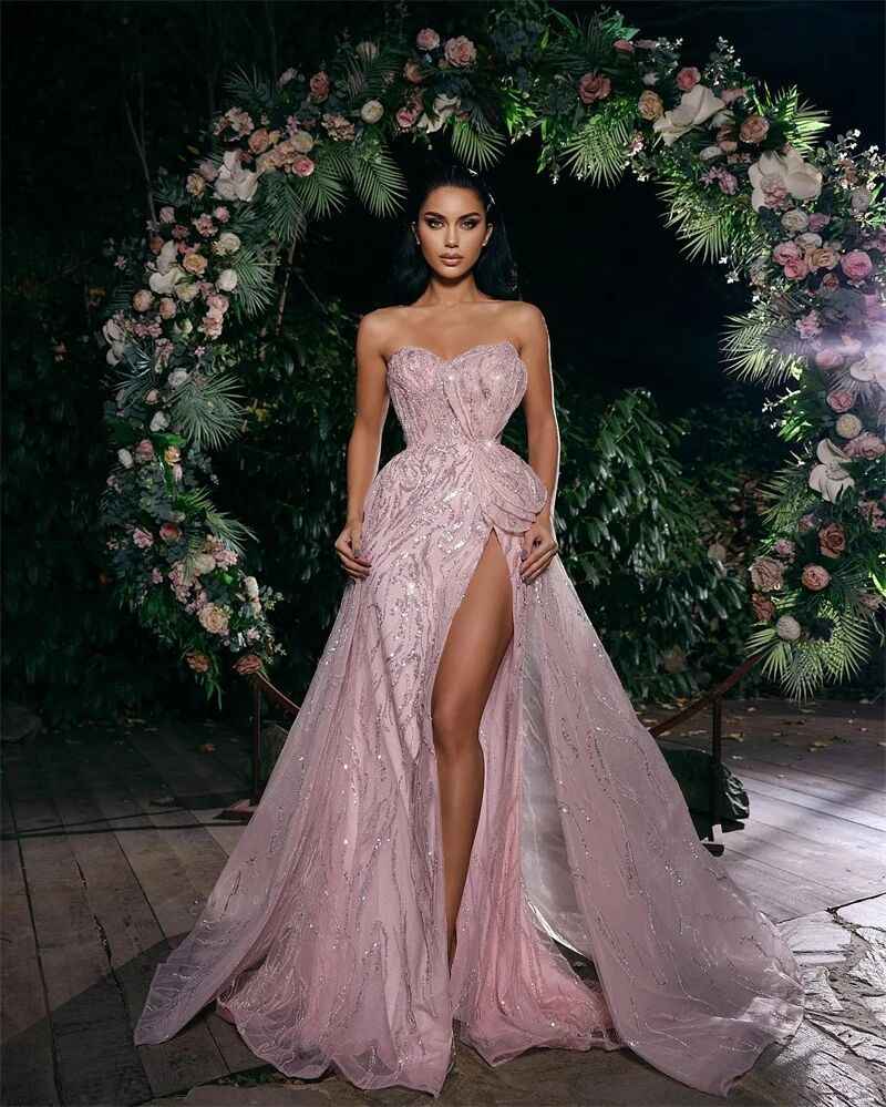 Evening Dresses Ful Strapless Sequins High Split Prom Gowns Detachable Train Sleeveless Party Dress Custom Made Vestidos De Noche