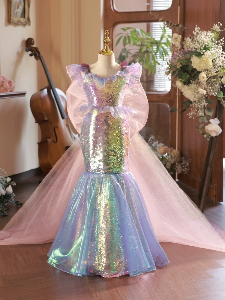 Princess rainbow Flower Girl Dresses 2024 blingbling sequined Cute Jewel Neck Big Bow Sash Appliqued Ruffles mermaid Toddler baby girl Birthday Party 