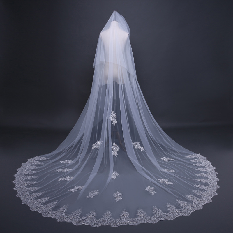 2024 Wedding Veil 3m Long Bridal Veils Real Pictures Wedding Tulle with Applique Sequined Beads Blingbling with Comb face veil
