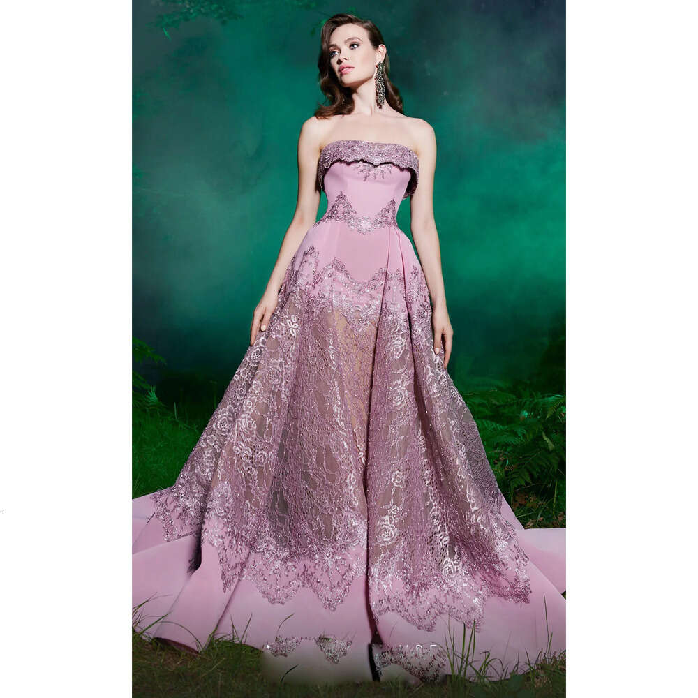 E Vestido Pink Evening Elegant A Long Prom Dresses Strapless Illusion Lace Appliques Sweep Train Formal Party Gowns Ppliques vening legant ppliques