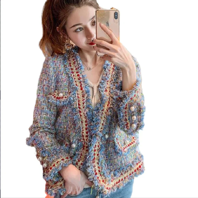 Chic Women Plaids Fringed Jacket Tweed Pearls Buckles Tweed Blazers Gold Silk Retro Checked Coat Spring Fall Cardigan Crop Tops 240506