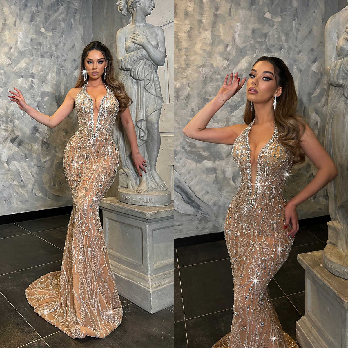 Sparkling Mermaid Prom Deep V Neck Sleeveless Sweep Train Design Lace Appliques Sequins Beading Celebrity Evening Dresses Plus Size Custom Made L