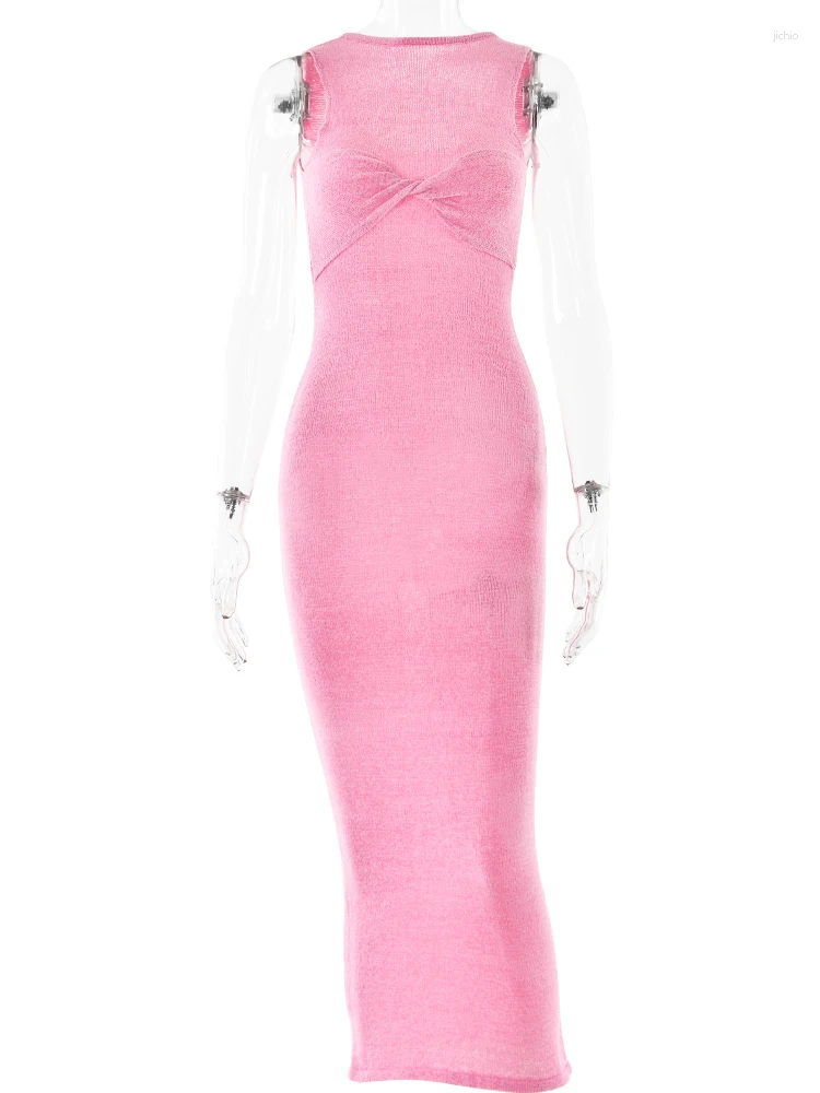 Casual Dresses Knitted Round Neck Ruched Women Maxi Dress Sleeveless See Through Female Summer Skinny Elegant Party Beachwear