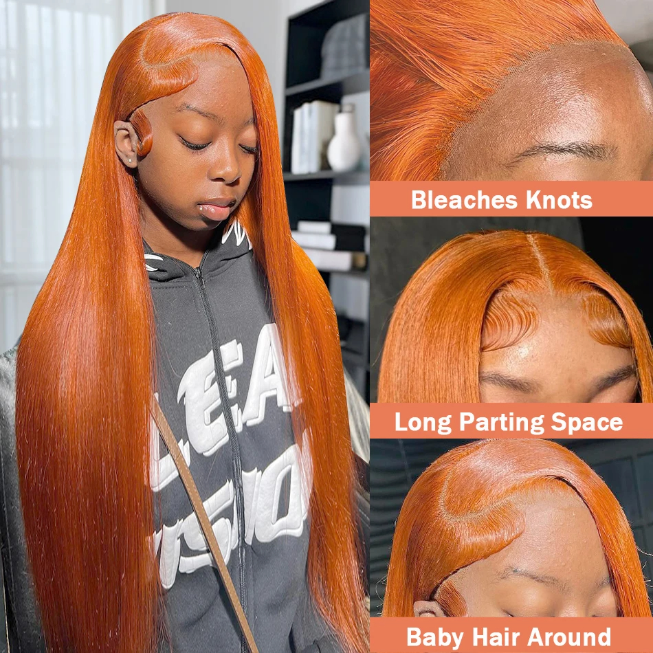 30 Inch Straight Orange Ginger Lace Front Wigs Human Hair 350 Colored Brazilian 13X4HD Transparent Lace Frontal Wigs For Women