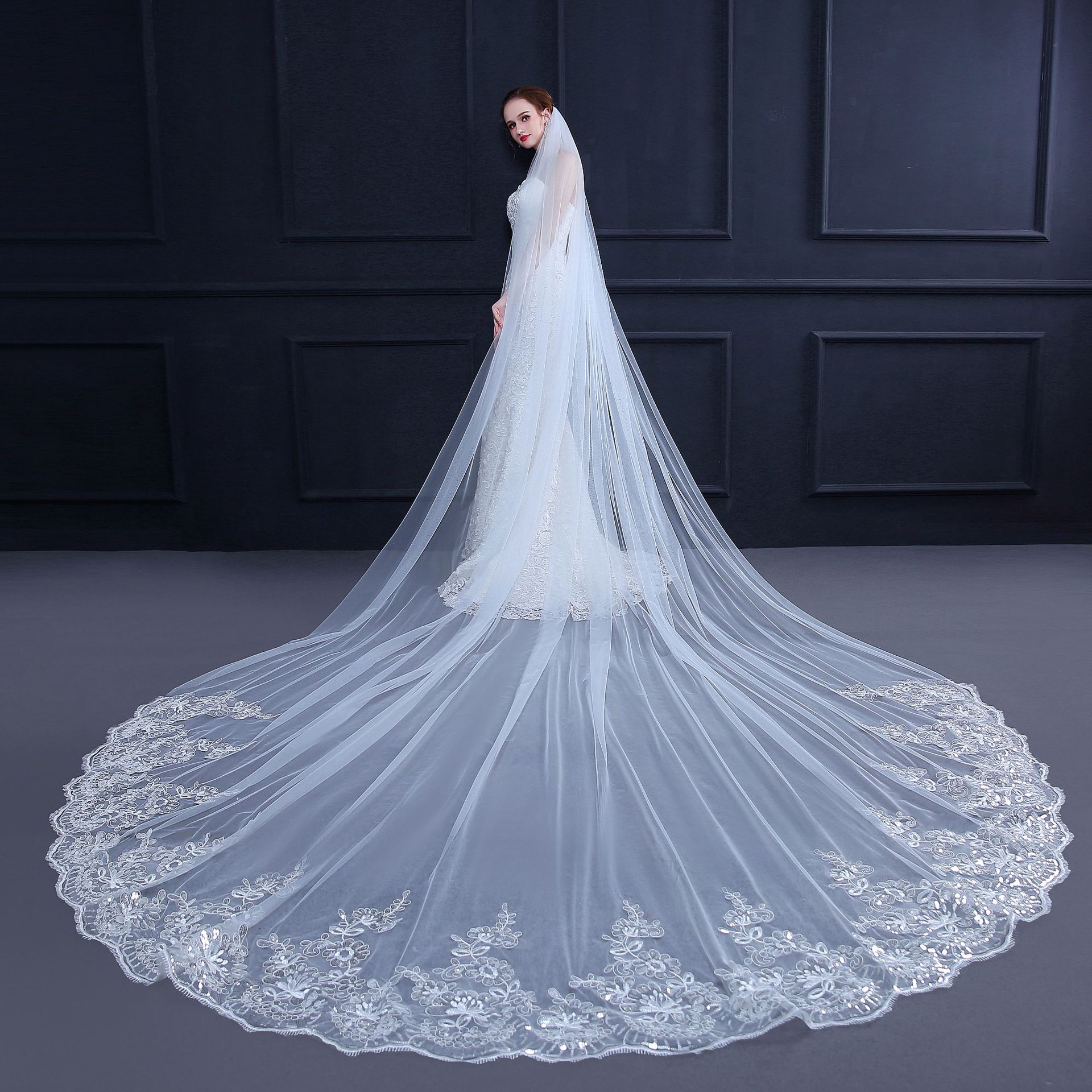Long Wedding Veils 4m*3m 2024 Bridal Veils Soft Tulle with Sparkling Sequins Beads Applique Wedding Accessories