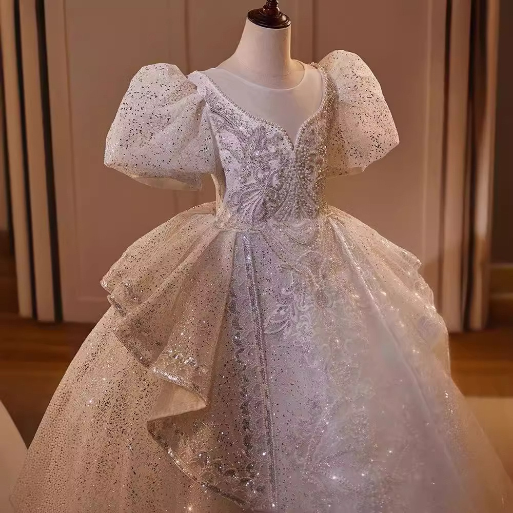 2024 Gorgeous Flower Girl Dresses For Wedding Sheer cap Sleeve Lace Applique Back Girls Pageant Gowns Princess Dresses Party Princess Dress Children k