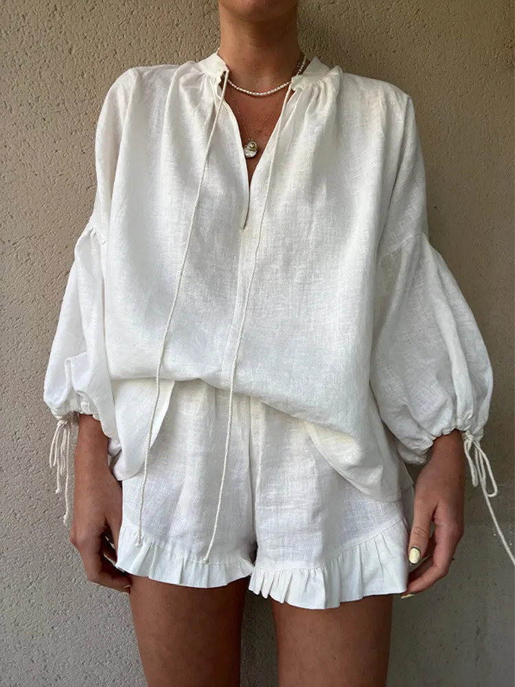 White Elastic Waist Shorts Two Piece Set For Women Commuting Long Sleeve Lace Up Shirt Suit Summer Female High Street Outfit 240423