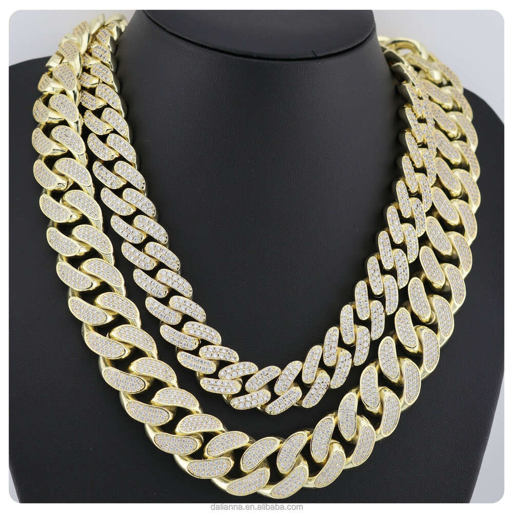 Cheap Iced Out Vvs Moissanite 2 Rows Miami Gold Cuban Chain Necklace 925 Sterling Silver Diamond Moissanite Cuban Link Chain