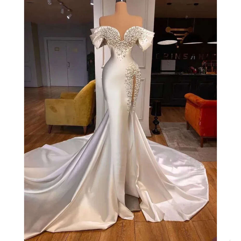 Dresses Bridal Pearls Gown Designer Wedding Mermaid Crystals Beaded High Split Off The Shoulder Satin Ruffles Custom Made Vestidos De Novia Plus Size 