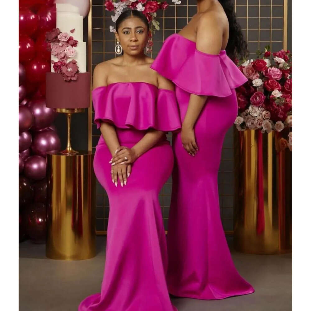 Size Plus Made Bridesmaid Fuchsia Dresses Custom Off The Shoulder Ruched Floor Length Maid Of Honor Gown African Wedding Guest Party Wear 0510