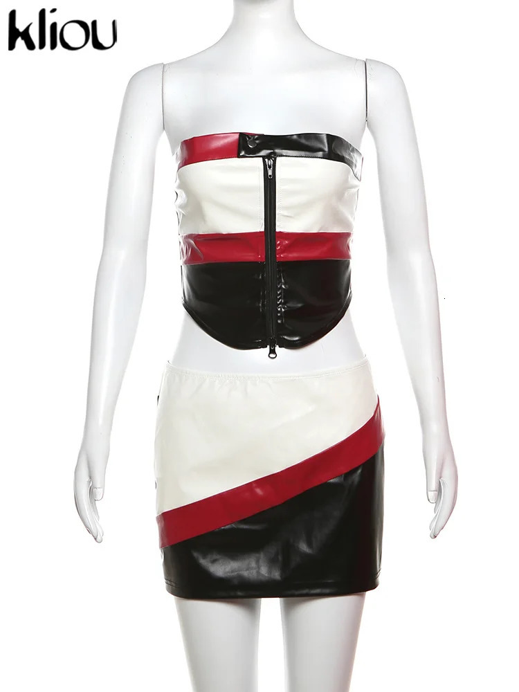 kliou Leather Panelled 2 Piece Set Women Zip up Slim Wrapped Chest Irregularly TopsCasual Mini Skirts Female Street Trend Suits 240423