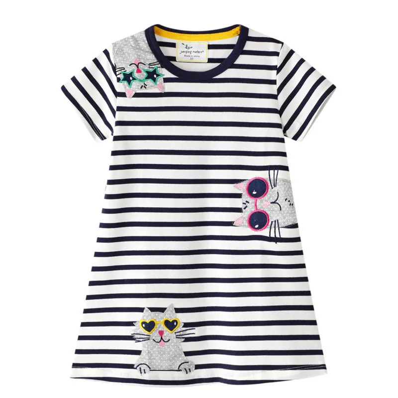 Jumping Meters Summer Princess Short Sleeve Applique Girls Cotton Dresses for Baby Stripe Costume Selling Kids Dress 240416