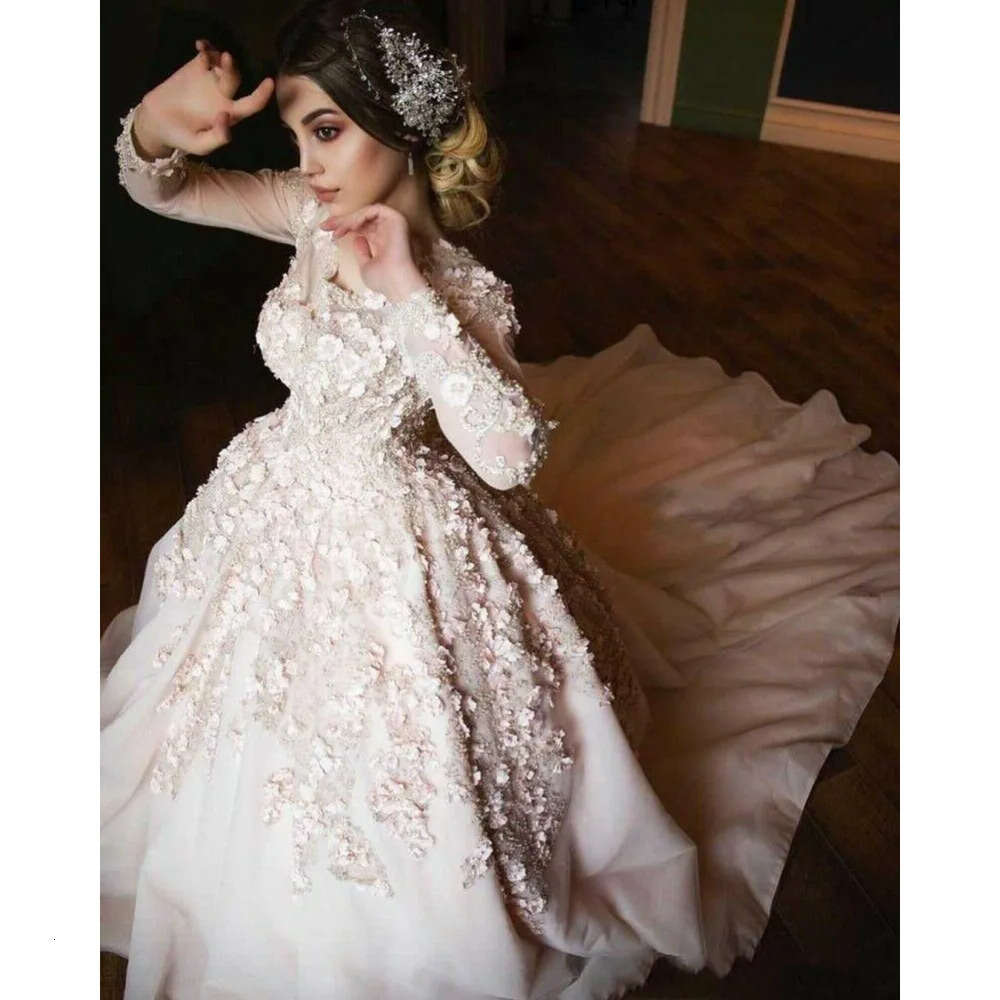 D Pearls Applique With Beaded Dresses Floral Long Sleeves Custom Made Scoop Neck Chapel Train Wedding Gown Vestido De Novia