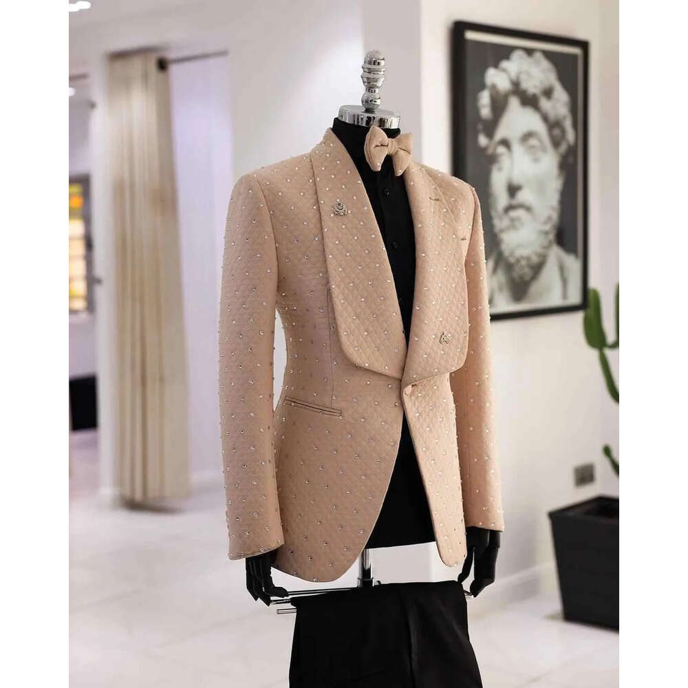 Shawl Tuxedos Pieces Beads Blazer 2 Wedding Lapel Black Pants One Button Pockets Fashion Coat Prom Party Ocns Custom Made Tailored Exquisite Fit