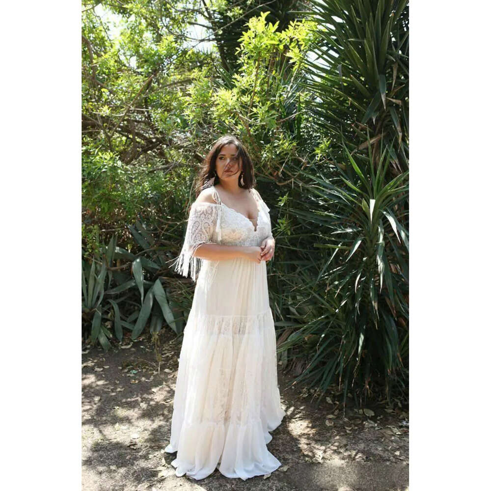 Lace Shoulder Plus Off Size Bohemia Dresses Spaghetti Straps Chiffon Beach Wedding Dress Bridal Gowns Robe De Marie