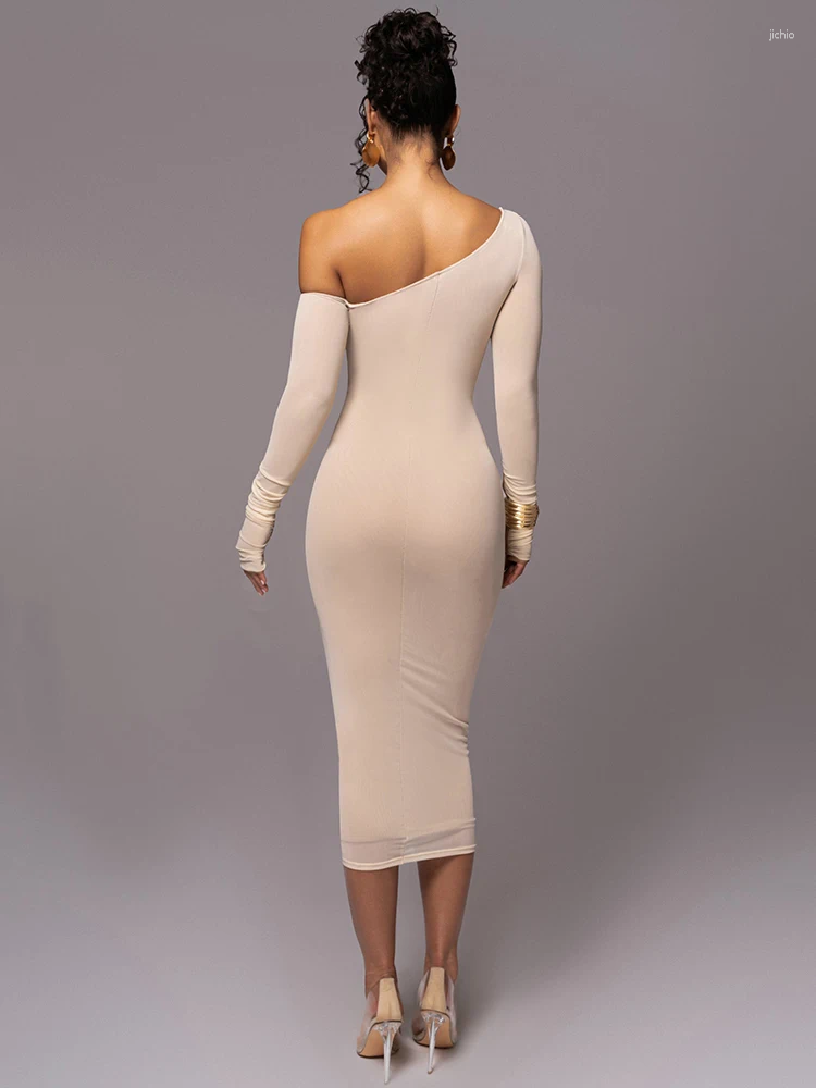 Casual Dresses Mozision Diagonal Collar Long Sleeve Midi Dress For Women Two Layer Mesh Backless Ruched Bodycon Club Party Sexy