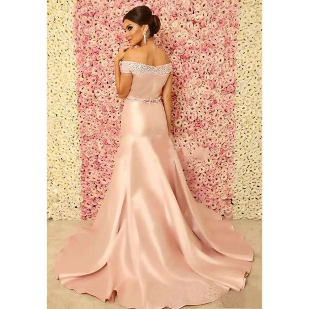 Beaded Shoulder Off Mermaid Elegant Prom Crystals Custom Made Evening Dresses Satin Long Formal Party Gowns