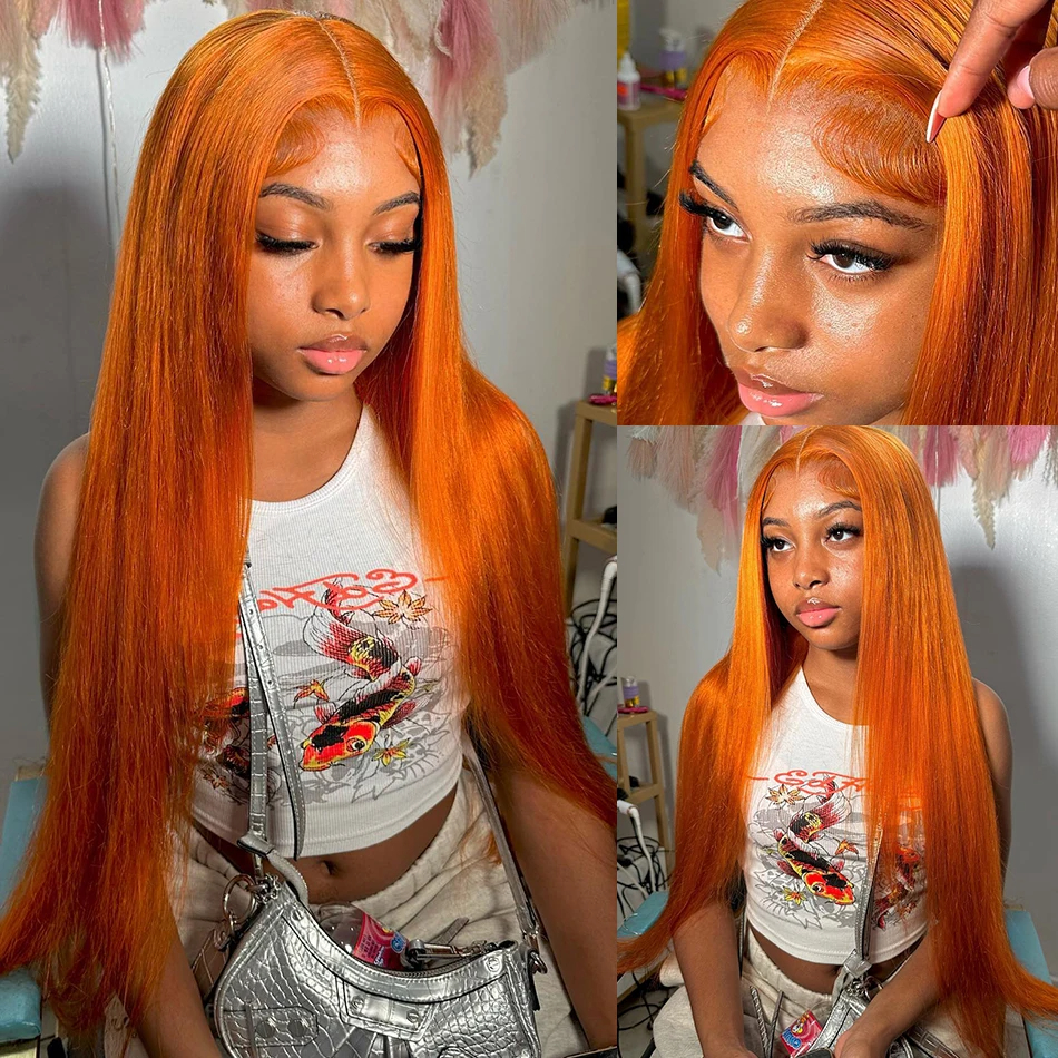 30 Inch Straight Orange Ginger Lace Front Wigs Human Hair 350 Colored Brazilian 13X4HD Transparent Lace Frontal Wigs For Women