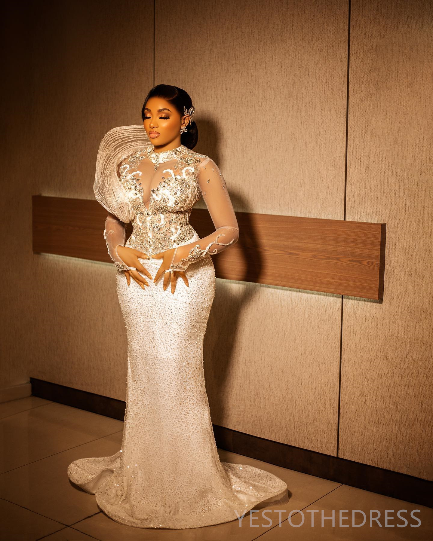 2024 Plus Size Prom Dresses for Black Women Promdress High Neck Long Sleeves Rhinestones Decorated Sequined Lace Birthday Dress Second Reception Gowns