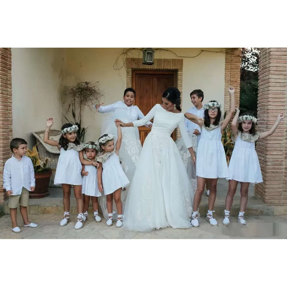 3/4 Gown Backlss Wdding Drsss Bridal With Long Ss A Lac Appliqu Swp Train Satin Custom Mad Scoop Nck Tull Plus Siz Vstido D Novia 0914