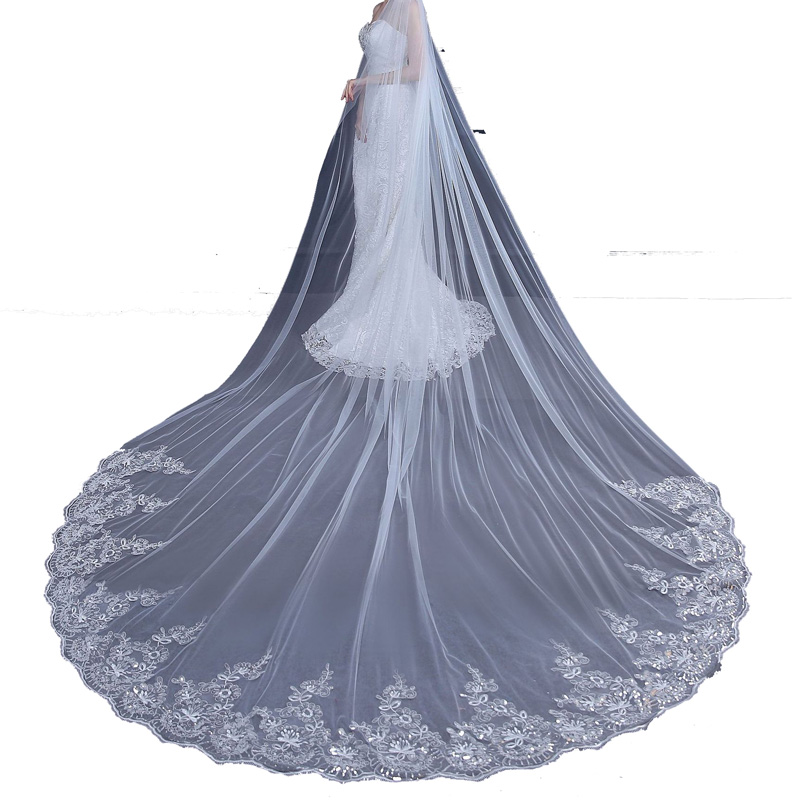 Long Wedding Veils 4m*3m 2024 Bridal Veils Soft Tulle with Sparkling Sequins Beads Applique Wedding Accessories