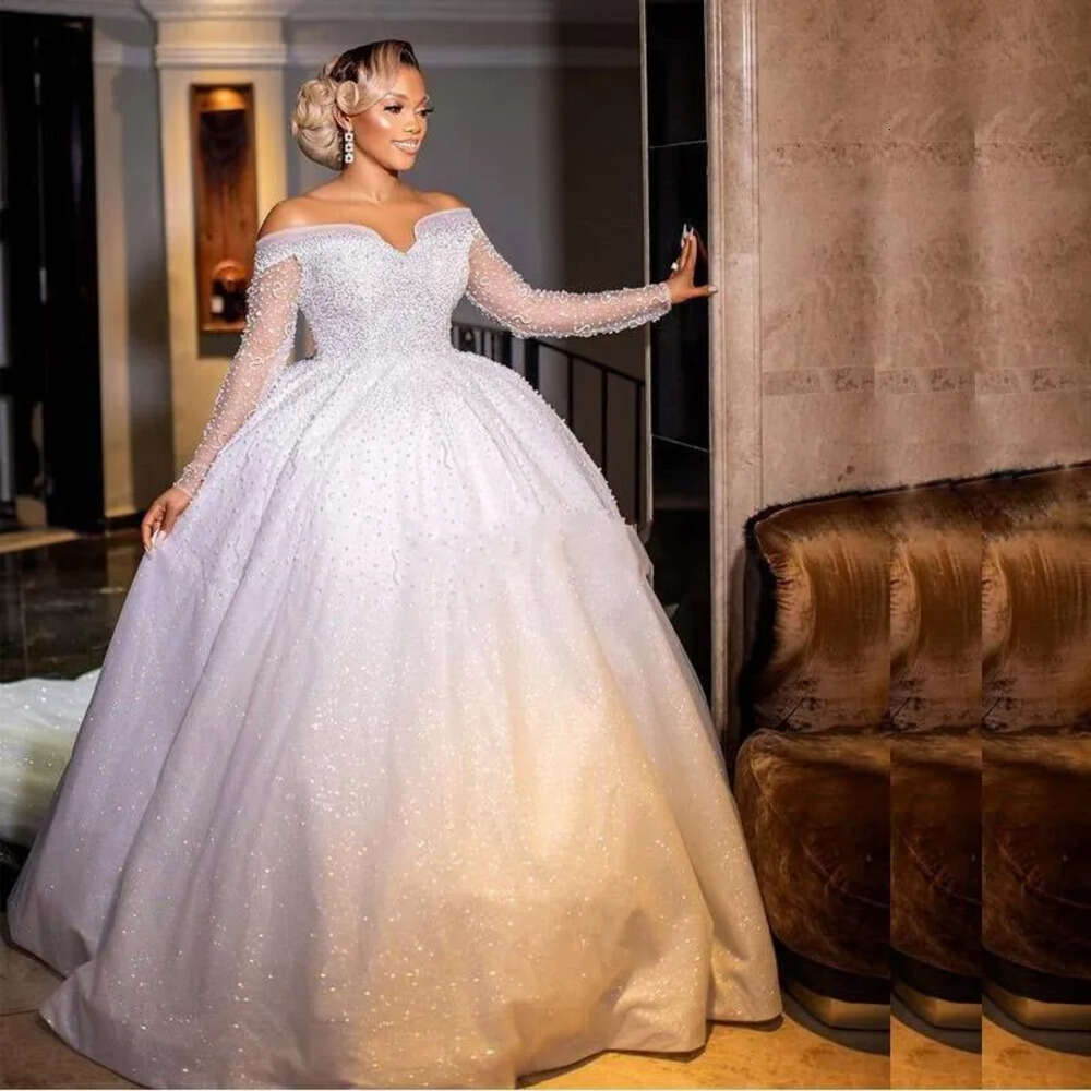 Dresses Sparkly 2021 Long Sleeves Ball Sequins Off The Shoulder Sweep Train Tulle Custom Made Chapel Wedding Gown Vestidos