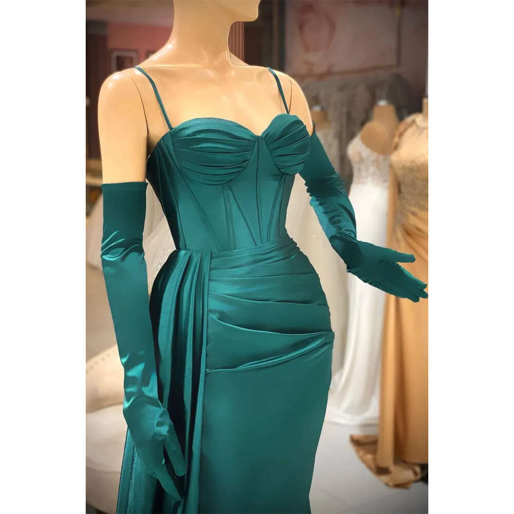 Straps Prom Spaghetti Turquoise 2024 Mermaid Dresses Custom Made Plus Size Sweep Train Satin Celebrity Party Ball Gown Formal Evening Wear Vestidos 02