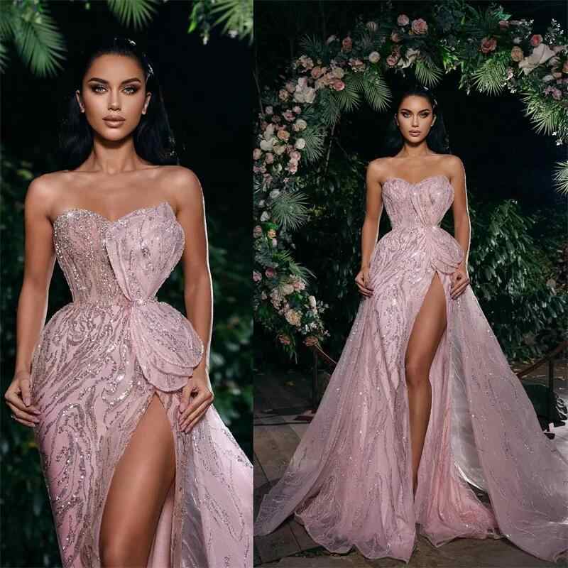 Evening Dresses Ful Strapless Sequins High Split Prom Gowns Detachable Train Sleeveless Party Dress Custom Made Vestidos De Noche
