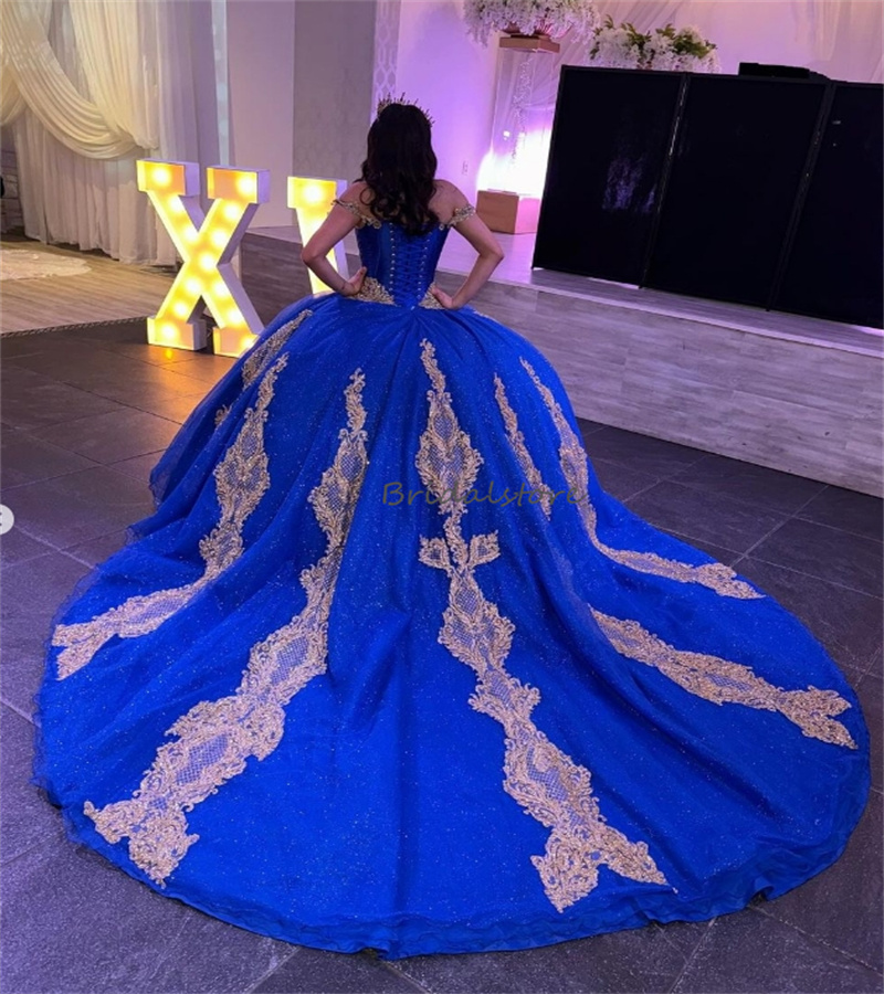 Blue Quinceanera Dresses 2024 Sparkly Ball Gown Gold Appliques Vestidos De Xv 15 Anos Luxury Off Shoulders Shine Sixteen Party Dress Birthday Sweet 16