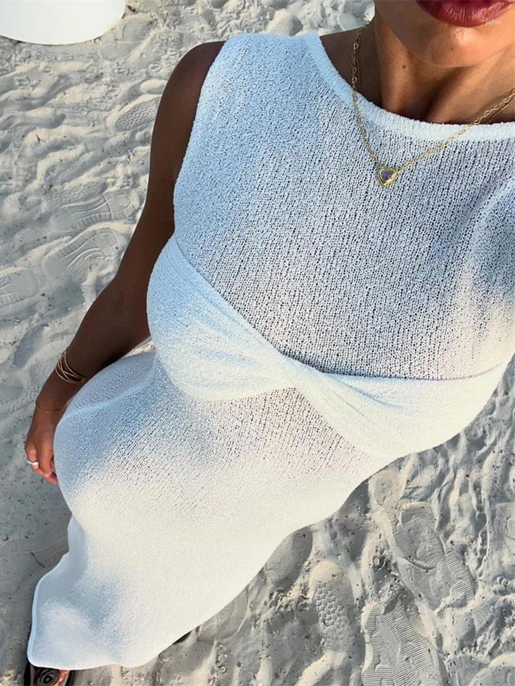 Casual Dresses Knitted Round Neck Ruched Women Maxi Dress Sleeveless See Through Female Summer Skinny Elegant Party Beachwear