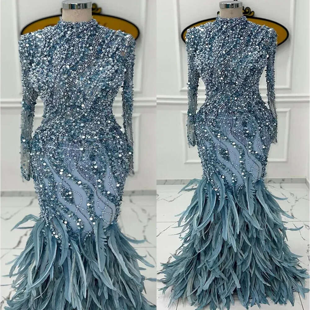 Mermaid Evening Long High Sleeves Dresses Designer Neck Sparkly Sequis Pearls Beaded Feather Floor Length Plus Size Prom Gown Formal Custom Vestidos