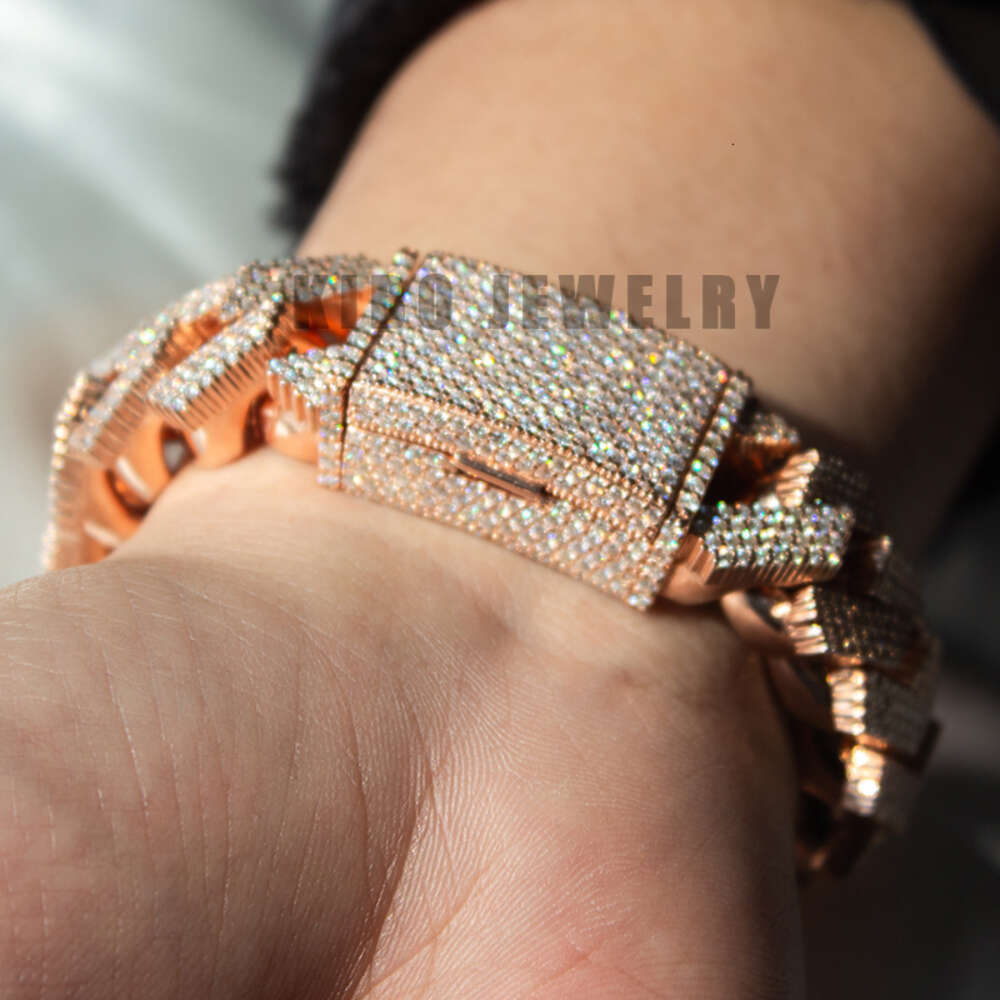 Fashion Hip Hop Jewelry for Men Iced Out S925 Silver with Rose Gold Plated Link Chain Moissanite Baguette Cuban Bracelet