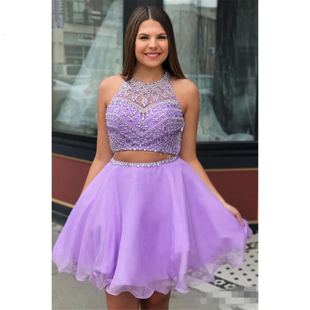 Cute Lavender Two Homecoming Jewel Dresses Piece Neck Beaded A E Backless Custom Made Hollow Graduation Party Gowns