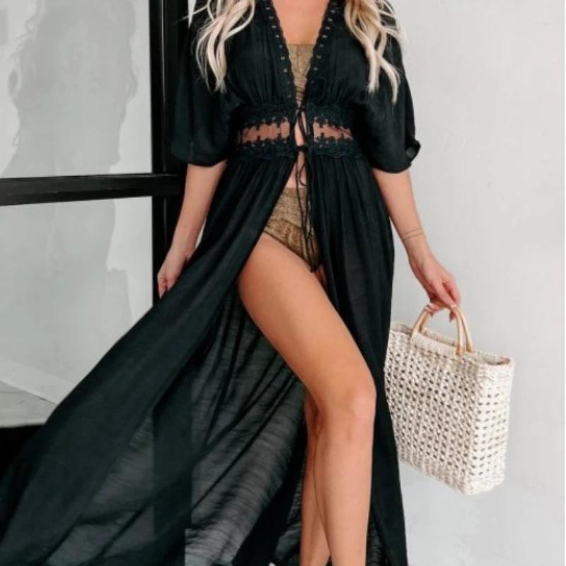 Womens Summer Cover-Ups Black Color Sexy Lace Chiffon Beach Swimsuit Cardigan Jacket Bikini Short Sleeve Sun Protection Cloth