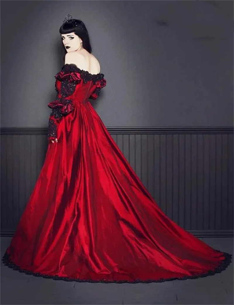 Vintage Black And Red Gothic Wedding Dresses With Detachable Lace Wrap Long Sleeves Ruched Off Shoulder A Line Historical Masquerade Dress For Women