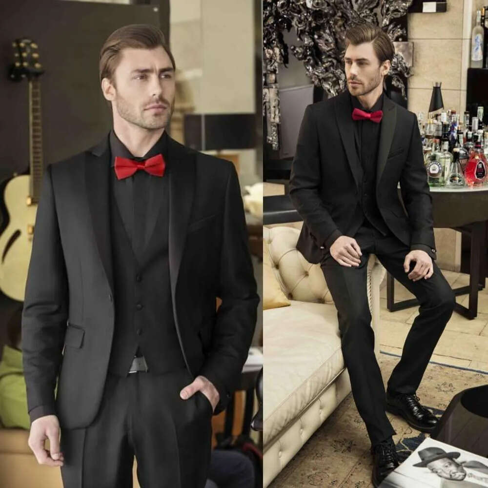 Groom Three Pieces Handsome Wedding Black Tuxedos Suits Custom Made Modest Slim Fit Mens Formal Party Suit(Jacket+Vest+Pants)