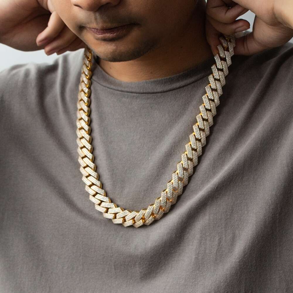 500 Gram Gold Plated S925 Sterling Silver 18mm Three Rows Ice Out Vvs Moissanite Cuban Link Chain