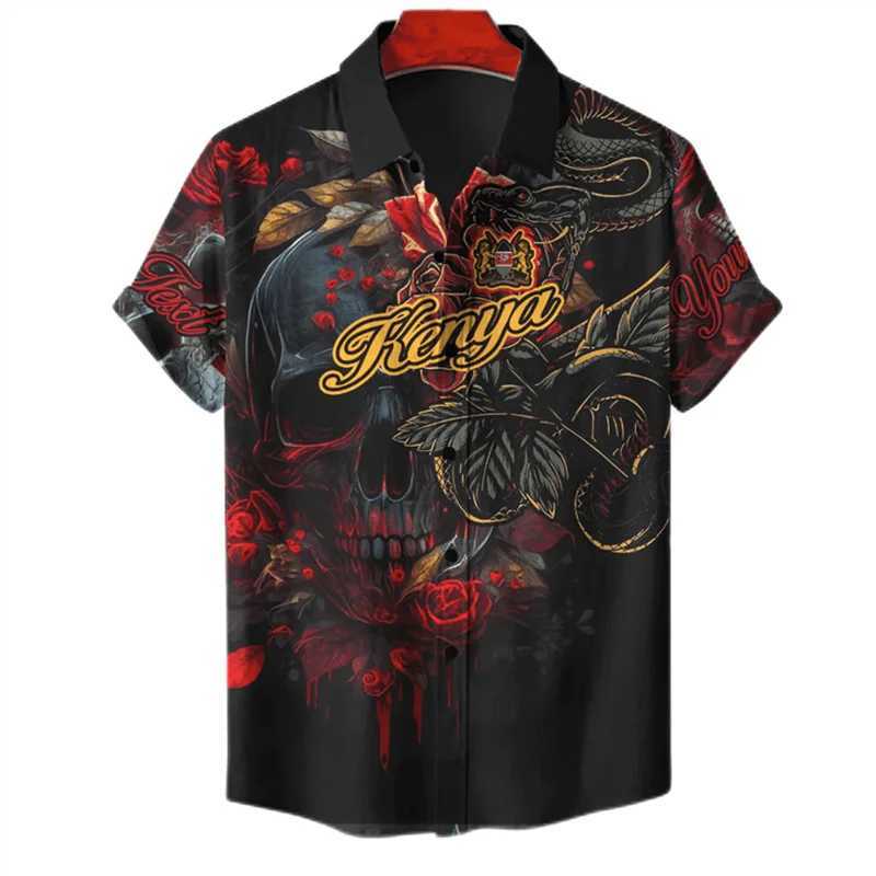Men's Casual Shirts Kenya Map Flag Graphic Short Slve Shirts For Men Clothes Casual Hawaiian Flower Blouses National Emblem Shirt Boy Lapel Blous