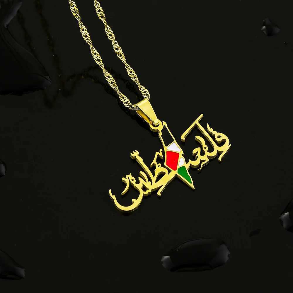 Pendant Necklaces Palestine Fashion National Map Flag Pendant Necklace Stainless Steel Gold Silver Mens Ethnic Map Jewelry Gift H240504
