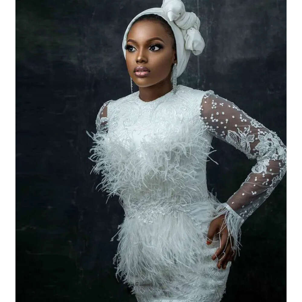 Long Feather Mermaid Sleeve White With Dress Jewel Beads Applique Lace Formal Ocn Custom Made Floor Length