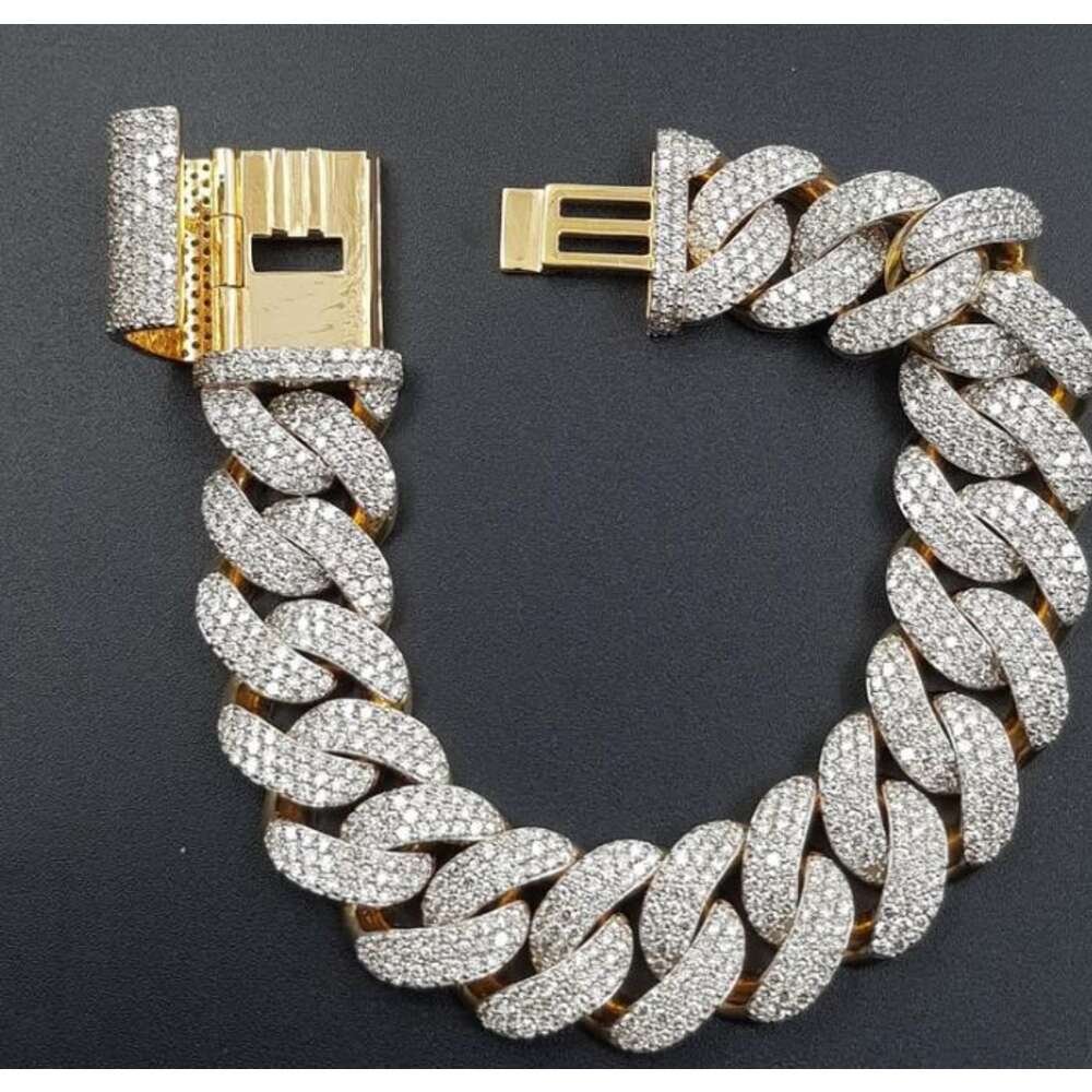 Miami Cuban Bracelet Soild 14k Gold Heavy Hip Hop Jewelry 18mm Moissanite Diamond Baguette Link Chain