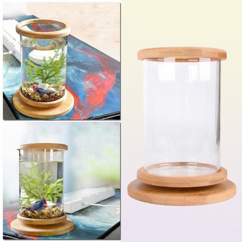 Aquariums 360 Degree Rotating Glass Betta Fish Tank Bamboo Base Mini Decoration Rotate Bowl Aquarium Accessories For Office9076310 Dro Dhsbe