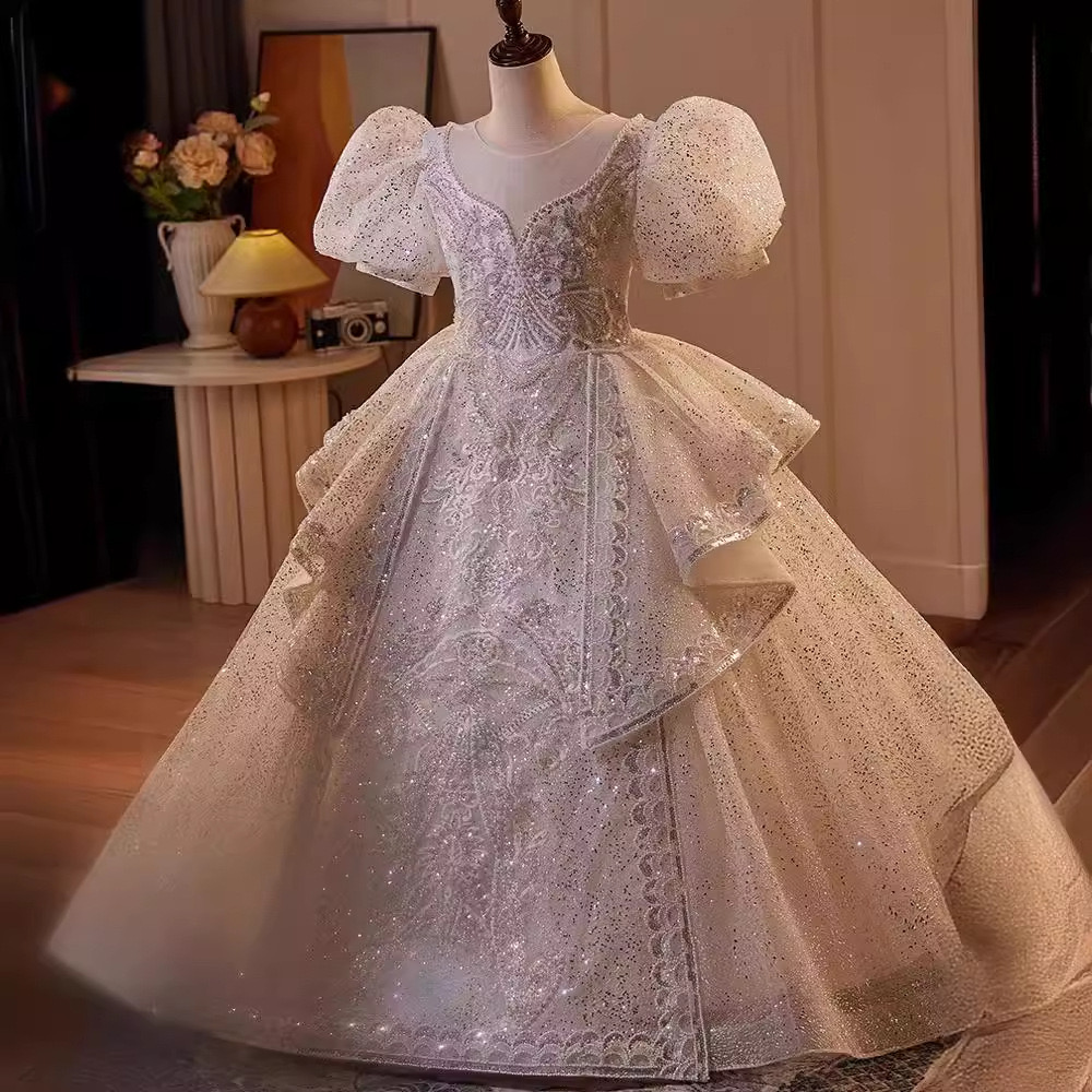 2024 Gorgeous Flower Girl Dresses For Wedding Sheer cap Sleeve Lace Applique Back Girls Pageant Gowns Princess Dresses Party Princess Dress Children k