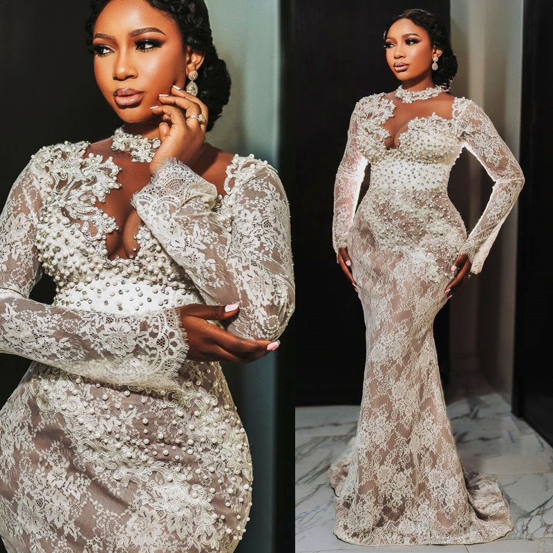 2024 Luxurious Mermaid Wedding Dress For Bride Bridal Gowns Long Sleeves High Neck Pearls Beaded Lace Crystals Ruffled Wedding Gowns for Black Women M