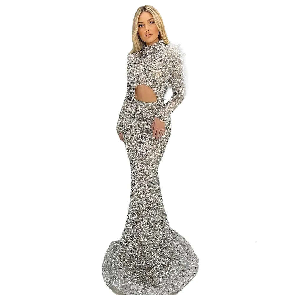 Green Sage Prom Dress Sequined High Neck Custom Formal Evening Party Gown