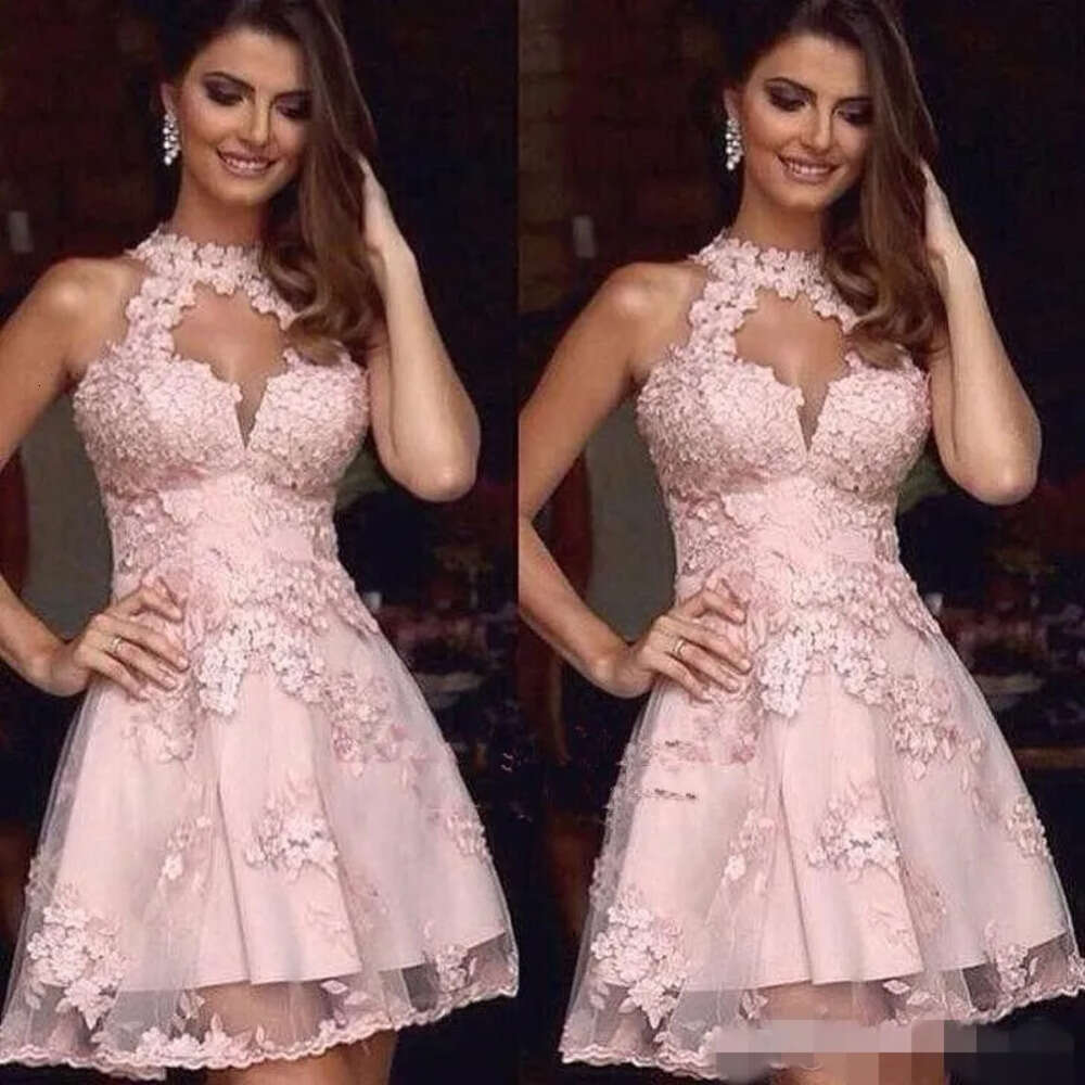 Applique Homecoming Dresses Lace Pink Cute Halter Hollow Plunging Neck Above Knee Length Tulle Sleeveless Tail Party Gown Custom Made Lz0304