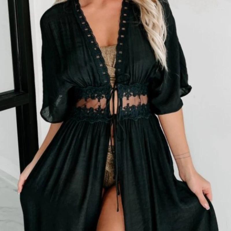 Womens Summer Cover-Ups Black Color Sexy Lace Chiffon Beach Swimsuit Cardigan Jacket Bikini Short Sleeve Sun Protection Cloth