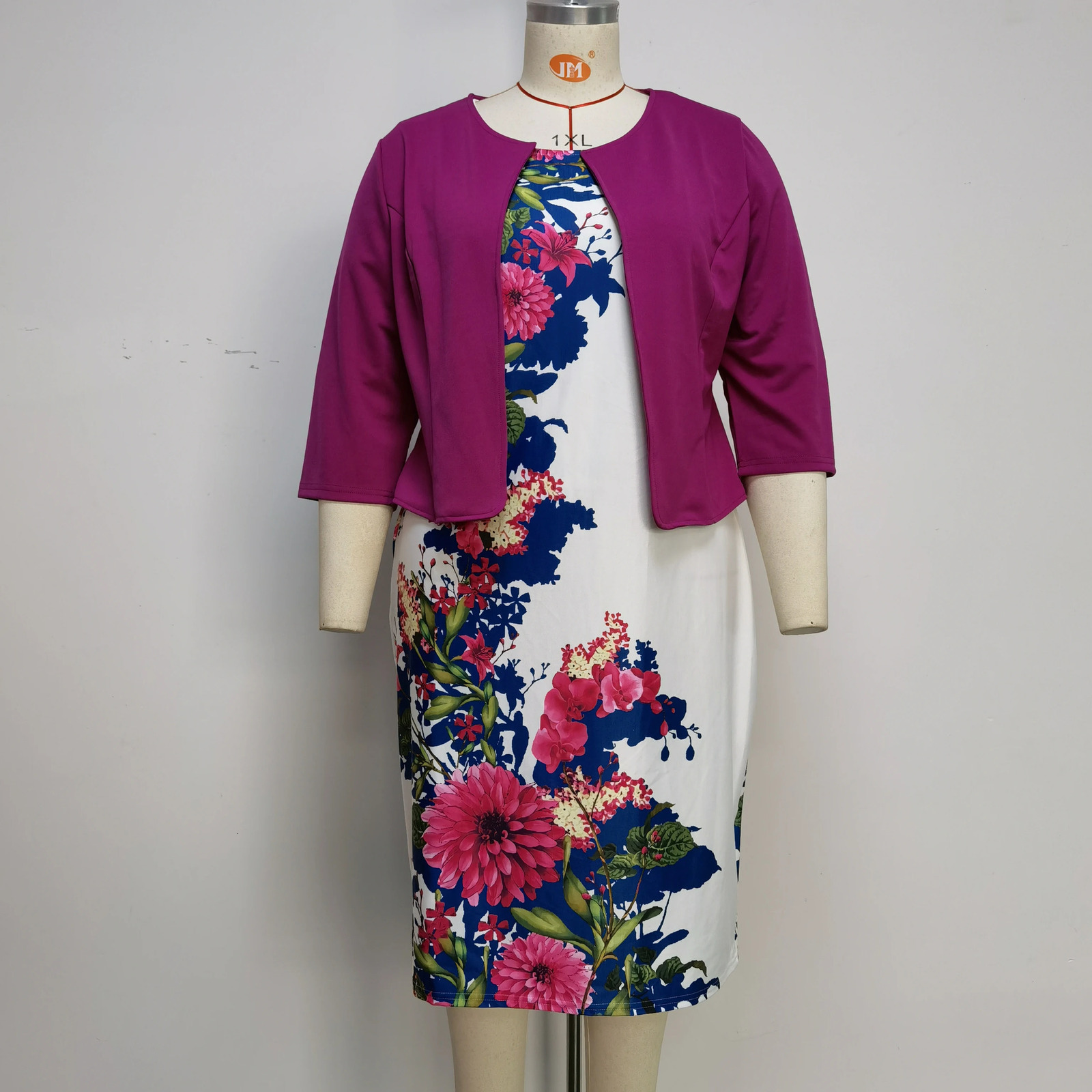 Plus Size Floral Print Turkey Style Office Ladies Coat and Dress Suit For Women 240422