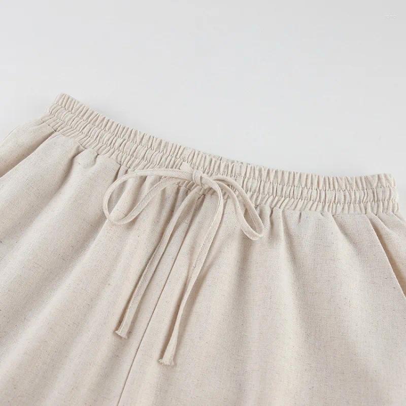 Womens Two Piece Pants Cotton Linen Sets Khaki Summer Women 2 2024 Fashion Lace-Up Crop Tops Vacation Elastic Waist Loose Long Suits